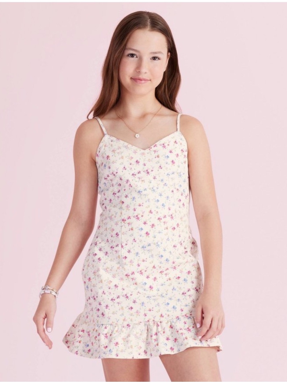 LoveShackFancy Denim Girls' Cream Floral Ruffle-Hem Slip Dress